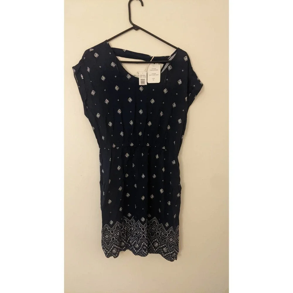 Pink Rose Boho Dress XL, Navy Blue Midi, NWT - Picture 6 of 11